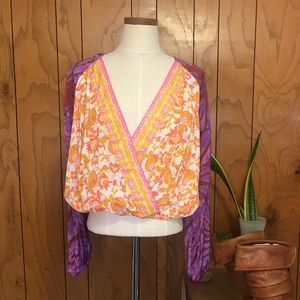 Free People Floral Blouse with Purple Sleeves